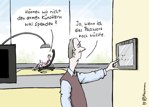 Cartoon: Künstlerspende (medium) by Pfohlmann tagged 2020,corona,coronavirus,pandemie,künstler,krise,spende,arm,reich,reichtum,millionär,passwort,safe,geld,armut,pleite,coronakrise,kontaktbeschränkung,veranstaltung,event,2020,corona,coronavirus,pandemie,künstler,krise,spende,arm,reich,reichtum,millionär,passwort,safe,geld,armut,pleite,coronakrise,kontaktbeschränkung,veranstaltung,event