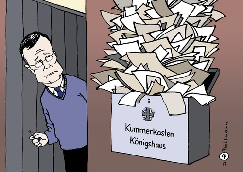 Cartoon: Kummertruppe (medium) by Pfohlmann tagged karikatur,color,farbe,2012,deutschland,bundeswehr,wehrbeauftragter,königshaus,bericht,reform,bundeswehrreform,klagen,beschwerden,trauma,traumatiesiert,belastung,soldaten,wehrpflicht,abschaffung,umstrukturierung,briefkasten,kummerkasten,briefe,verunsicherung,2012,deutschland,bundeswehr,wehrbeauftragter,königshaus,bericht,reform,bundeswehrreform,beschwerden,trauma