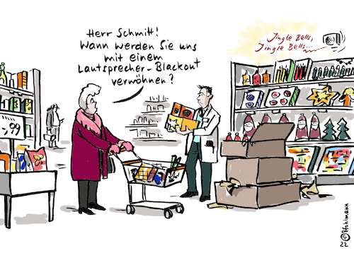 Cartoon: Lautsprecher-Blackout (medium) by Pfohlmann tagged blackout,stromausfall,advent,weihnachten,konsum,einkaufen,supermarkt,musik,beschallung,weihnachtslieder,blackout,stromausfall,advent,weihnachten,konsum,einkaufen,supermarkt,musik,beschallung,weihnachtslieder