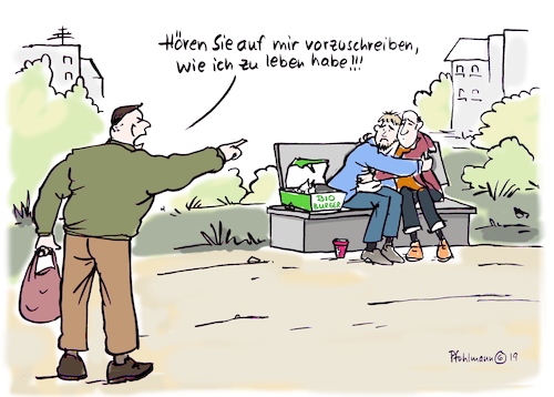 Cartoon: Lebensstil-Vorschrift (medium) by Pfohlmann tagged lebensstil,vorschrift,homosexuell,schwul,lebensart,bio,öko,gesellschaft,spaltung,lebensstil,vorschrift,homosexuell,schwul,lebensart,bio,öko,gesellschaft,spaltung