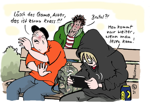 Cartoon: Lese-Game (medium) by Pfohlmann tagged bildung,jugend,jugendliche,kinder,schule,lesen,schreiben,game,gamer,computer,internet,medien,medienkompetenz,jungs,smartphone,computerspiel,spiel,spielen,pubertät,bildung,jugend,jugendliche,kinder,schule,lesen,schreiben,game,gamer,computer,internet,medien,medienkompetenz,jungs,smartphone,computerspiel,spiel,spielen,pubertät