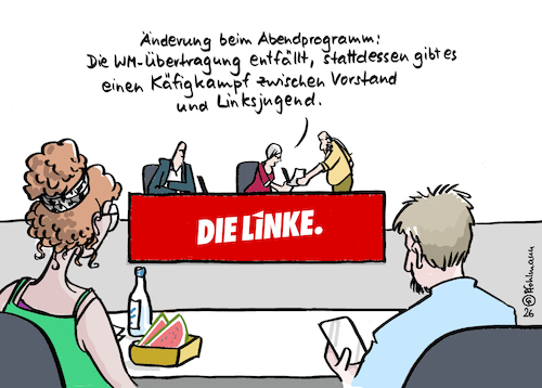 Cartoon: Linker Käfigkampf (medium) by Pfohlmann tagged linke,linkspartei,parteitag,linksjugend,solid,israel,palästina,gaza,hamas,antisemitismus,israelhass,abendprogramm,wm,fußball,publicviewing,deutschland,nationalmannschaft,käfigkampf,vorstand,parteijugend,linke,linkspartei,parteitag,linksjugend,solid,israel,gaza,hamas,antisemitismus,israelhass,abendprogramm,wm,fußball,publicviewing,deutschland,nationalmannschaft,käfigkampf,vorstand,parteijugend