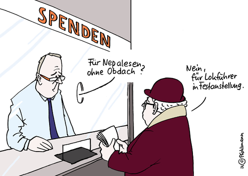 Cartoon: Lokführer-Spenden (medium) by Pfohlmann tagged karikatur,cartoon,2015,color,farbe,deutschland,lokführer,bahn,deutsche,streik,gewerkschaft,lokführergewerkschaft,gdl,spende,nepal,erdbeben,obachlosigkeit,obdachlos,hilfe,nepalesen,katastrophe,naturkatastrophe,bank,sparkasse,schalter,geld,geldspende,karikatur,cartoon,2015,color,farbe,deutschland,lokführer,bahn,deutsche,streik,gewerkschaft,lokführergewerkschaft,gdl,spende,nepal,erdbeben,obachlosigkeit,obdachlos,hilfe,nepalesen,katastrophe,naturkatastrophe,bank,sparkasse,schalter,geld,geldspende