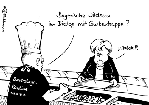 Cartoon: Mahlzeit (medium) by Pfohlmann tagged wildsau,csu,gurkentruppe,fdp,bundeskanzlerin,merkel,cdu,koalition,schwarz,gelb,regierung,streit,bundestag,kantine,essen,wildsau,csu,gurkentruppe,fdp,bundeskanzlerin,angela merkel,cdu,koalition,schwarz,gelb,regierung,streit,bundestag,angela,merkel