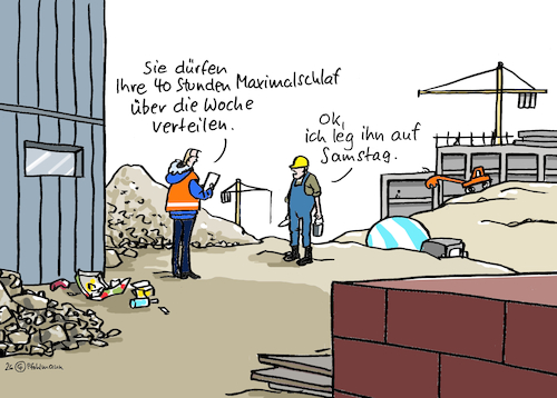 Cartoon: Maximalschlaf (medium) by Pfohlmann tagged arbeitszeit,schlaf,gesundheit,wochenarbeitszeit,erholung,arbeitsplatz,arbeitnehmer,baustelle,arbeitszeit,schlaf,gesundheit,wochenarbeitszeit,erholung,arbeitsplatz,arbeitnehmer,baustelle