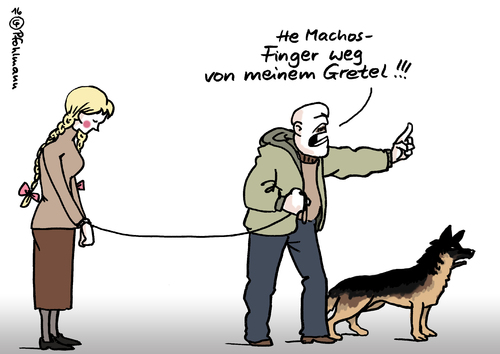 Cartoon: Mein Gretel (medium) by Pfohlmann tagged karikatur,cartoon,2016,color,farbe,deutschland,silvester,sylvester,deutsch,übergriffe,rechtsradikale,rechte,rechtsextremismus,pegida,neonazis,machos,gretel,frauenfeindlichkeit,frauenverachtung,patriarchat,schäferhund,besitz,leine,flüchtlinge,asylbewerber,straftaten,straftäter,mädchen,frauen,männer,köln,jahreswechsel,sexismus,sexuelle,nötigung,party,grabscher,vergewaltigung,vergewaltiger,karikatur,cartoon,2016,color,farbe,deutschland,silvester,sylvester,deutsch,übergriffe,rechtsradikale,rechte,rechtsextremismus,pegida,neonazis,machos,gretel,frauenfeindlichkeit,frauenverachtung,patriarchat,schäferhund,besitz,leine,flüchtlinge,asylbewerber,straftaten,straftäter,mädchen,frauen,männer,köln,jahreswechsel,sexismus,sexuelle,nötigung,party,grabscher,vergewaltigung,vergewaltiger