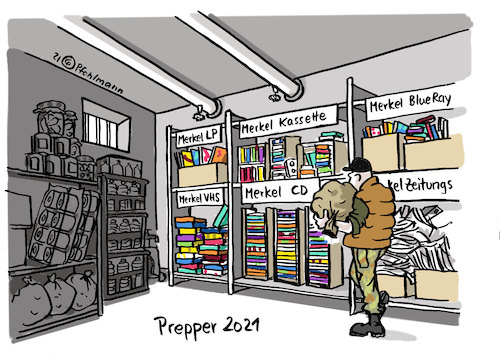 Cartoon: Merkel-Prepper (medium) by Pfohlmann tagged prepper,vorsorge,weltuntergang,vorrat,vorräte,preppen,merkel,bundeskanzlerin,ruhestand,bundestagswahl,nostalgie,konserven,medien,keller,prepper,vorsorge,weltuntergang,vorrat,vorräte,preppen,merkel,bundeskanzlerin,ruhestand,bundestagswahl,nostalgie,konserven,medien,keller