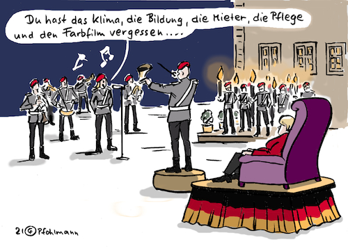 Cartoon: Merkel Zapfenstreich (medium) by Pfohlmann tagged merkel,bundeskanzlerin,abschied,bundeswehr,zapfenstreich,nina,hagen,farbfilm,musik,song,lied,politik,ära,vergessen,klima,miete,wohnungsmarkt,wohnungsnot,klimaschutz,pflege,pflegekrise,corona,bilanz,merkel,bundeskanzlerin,abschied,bundeswehr,zapfenstreich,nina,hagen,farbfilm,musik,song,lied,politik,ära,vergessen,klima,miete,wohnungsmarkt,wohnungsnot,klimaschutz,pflege,pflegekrise,corona,bilanz