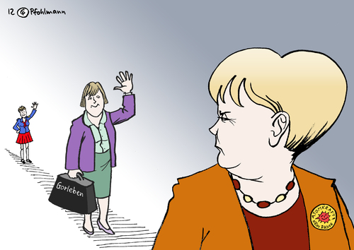 Cartoon: Merkels altes Ich (medium) by Pfohlmann tagged karikatur,cartoon,farbe,color,2012,deutschland,merkel,cdu,bundeskanzlerin,kanzlerin,umweltministerin,gorleben,atomkraft,energiewende,atomausstieg,atommüll,vergangenheit,fdj,ddr,untersuchungsausschuss,karikatur,cartoon,farbe,color,2012,deutschland,merkel,cdu,bundeskanzlerin,kanzlerin,umweltministerin,gorleben,atomkraft,energiewende,atomausstieg,atommüll,vergangenheit,fdj,ddr,untersuchungsausschuss