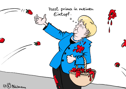 Cartoon: Merkels Eintopf (medium) by Pfohlmann tagged karikatur,cartoon,color,farbe,2017,deutschland,merkel,bundeskanzlerin,wahlkampf,kandidatin,veranstaltung,tomaten,faule,wurf,werfen,eintopf,langeweile,kochen,köchin,hausfrau,korb,gelassenheit,karikatur,cartoon,color,farbe,2017,deutschland,merkel,bundeskanzlerin,wahlkampf,kandidatin,veranstaltung,tomaten,faule,wurf,werfen,eintopf,langeweile,kochen,köchin,hausfrau,korb,gelassenheit