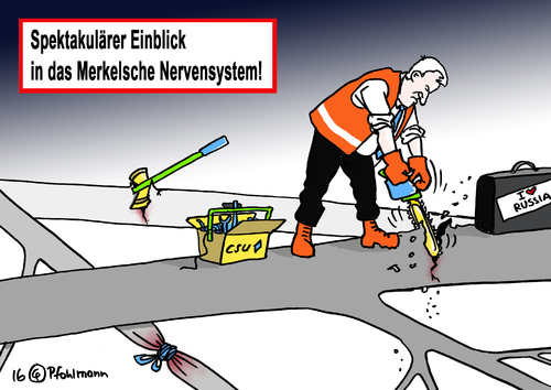 Cartoon: Merkels Nervensystem (medium) by Pfohlmann tagged karikatur,cartoon,2016,color,farbe,deutschland,seehofer,russland,besuch,putin,csu,union,merkel,bundeskanzlerin,nervensystem,nerven,nervensäge,motorsäge,alleingang,axt,säge,genervt,ministerpräsident,bayern,karikatur,cartoon,2016,color,farbe,deutschland,seehofer,russland,besuch,putin,csu,union,merkel,bundeskanzlerin,nervensystem,nerven,nervensäge,motorsäge,alleingang,axt,säge,genervt,ministerpräsident,bayern