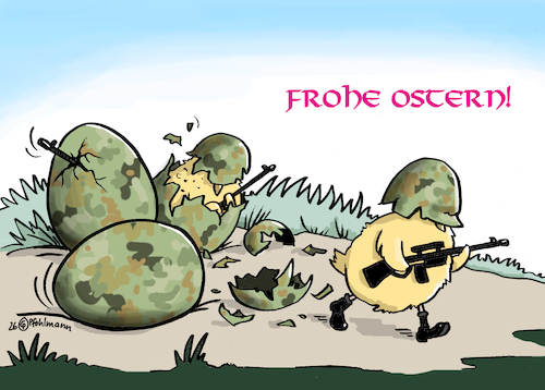 Cartoon: Militäreier (medium) by Pfohlmann tagged militär,kriege,soldaten,ostern,ostereier,küken,flecktarn,russland,ukraine,nahost,iran,israel,golfregion,rekruten,militär,kriege,soldaten,ostern,ostereier,küken,flecktarn,russland,ukraine,nahost,iran,israel,golfregion,rekruten