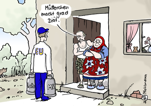 Cartoon: Mütterchens Diät (medium) by Pfohlmann tagged karikatur,cartoon,color,farbe,2014,ukraine,russland,konflikt,putin,mütterchen,mutter,diät,europa,sanktionen,eu,reaktion,importstopp,einfuhrstopp,gegensanktionen,handelskrieg,krieg,lebensmittel,milch,fleisch,import,einfuhr,karikatur,cartoon,color,farbe,2014,ukraine,russland,konflikt,putin,mütterchen,mutter,diät,europa,sanktionen,eu,reaktion,importstopp,einfuhrstopp,gegensanktionen,handelskrieg,krieg,lebensmittel,milch,fleisch,import,einfuhr