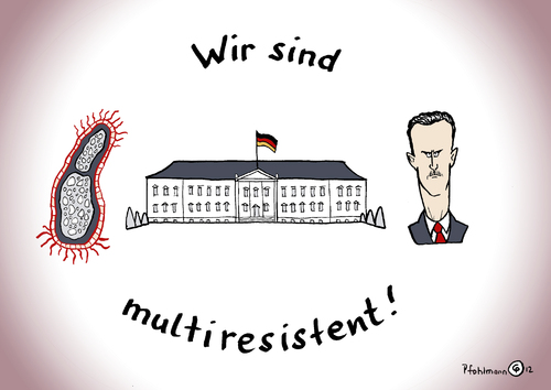 Cartoon: multiresistent (medium) by Pfohlmann tagged karikatur,color,farbe,2012,deutschland,syrien,multiresistent,resistent,antibiotika,keime,hygiene,geflügel,lebensmittel,massentierhaltung,verseuchung,bundespräsident,wulff,schloss,bellevue,assad,aufstand,revolution,arabischer,frühling,opposition,2012,deutschland,syrien,multiresistent,resistent,antibiotika,geflügel,lebensmittel,massentierhaltung,hygiene,wulff,bundespräsident