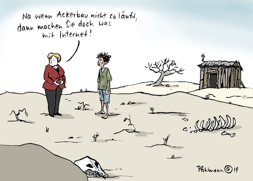 Cartoon: Netz statt Acker (medium) by Pfohlmann tagged 2019,afrika,bundeskanzlerin,merkel,wirtschaft,entwicklung,internet,hunger,ackerland,acker,startup,2019,afrika,bundeskanzlerin,merkel,wirtschaft,entwicklung,internet,hunger,ackerland,acker,startup