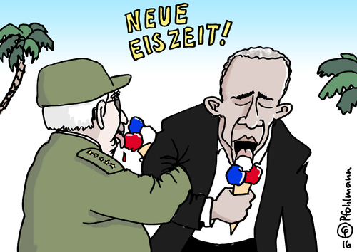 Cartoon: Neue Eiszeit (medium) by Pfohlmann tagged karikatur,cartoon,2016,color,usa,kuba,staatsbesuch,obama,castro,eiszeit,eiswaffel,waffeleis,neue,annäherung,versöhnung,präsident,präsidentenbesuch,sanktionen,karikatur,cartoon,2016,color,usa,kuba,staatsbesuch,obama,castro,eiszeit,eiswaffel,waffeleis,neue,annäherung,versöhnung,präsident,präsidentenbesuch,sanktionen