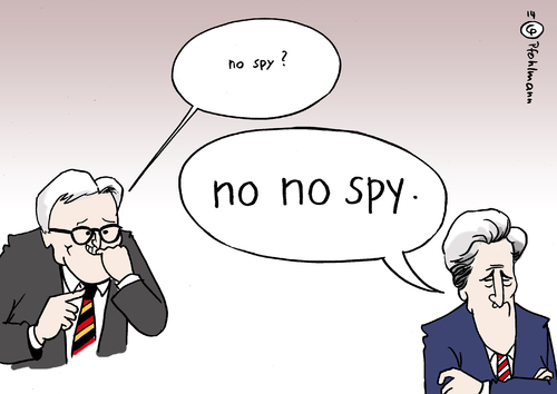 Cartoon: no no spy (medium) by Pfohlmann tagged karikatur,cartoon,color,farbe,2014,deutschland,usa,no,spy,abkommen,abhöraffäre,nsa,geheimdienst,steinmeier,kerry,außenminister,ablehnung,ausspionieren,spionage,freundschaft,freunde,karikatur,cartoon,color,farbe,2014,deutschland,usa,no,spy,abkommen,abhöraffäre,nsa,geheimdienst,steinmeier,kerry,außenminister,ablehnung,ausspionieren,spionage,freundschaft,freunde