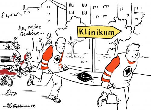 Cartoon: Notfall (medium) by Pfohlmann tagged krankenhaus,klinik,gesundheitspolitik,geldbörse,geldbeutel,portemonnaie,sanitäter,unfall,krankenhaus,klinik,krank,krankheit,autounfall,unfall,verkehrsunfall,erste hilfe,notarzt,sanitäter,portemonnaie,geldbeutel,geldbörse,gesundheitspolitik,gesundheit,versicherung,krankenkasse,krankenversicherung,beiträge,beitrag,geld,preise,mitglied,klinikum,notfall,rettung,erste,hilfe