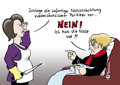 Cartoon: Notschlachtung (medium) by Pfohlmann tagged dioxin,aigner,agrarministerin,csu,verbraucherschutz,verbraucherschutzministerin,lebensmittel,nahrungsmittel,skandal,verunreinigung,niedersachsen,merkel,bundeskanzlerin,cdu,schnupfen,erkältung,nase,schlachten,notschlachtung,notschlachten,rücktritt,dioxin,lebensmittel,futtermittel,skandal,blastung,regierung,koalition,streit,aigner,mcallister