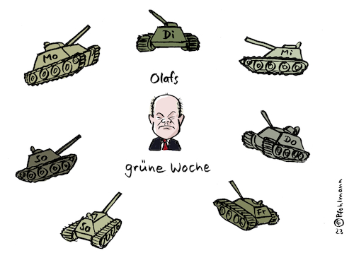 Cartoon: Olafs grüne Woche (medium) by Pfohlmann tagged olaf,scholz,bundeskanzler,waffen,panzer,grüne,woche,berlin,ukraine,russland,wef,selenskyi,waffenexport,leopard,marder,militär,krieg,verteidigung,olaf,scholz,bundeskanzler,waffen,panzer,grüne,woche,berlin,ukraine,russland,wef,selenskyi,waffenexport,leopard,marder,militär,krieg,verteidigung