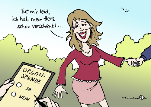 Cartoon: Organspende (medium) by Pfohlmann tagged karikatur,color,farbe,2012,deutschland,organspende,gesetz,entscheidung,herz,transplantation,medizin,verliebt,frühling,liebe,liebespaar,verliebtheit,paar,2012,deutschland,organspende,gesetz,entscheidung,herz,transplantation,medizin,verliebt