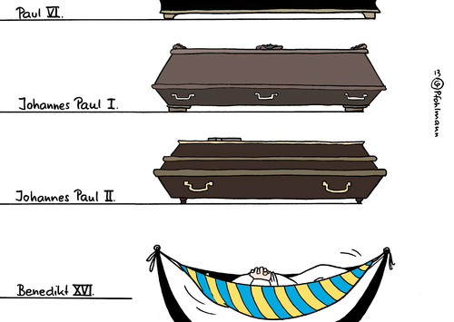 Cartoon: Päpste-Abschied (medium) by Pfohlmann tagged karikatur,cartoon,color,farbe,2013,vatikan,papst,rücktritt,benedikt,xvi,särge,hängematte,abschied,audienz,generalaudienz,rückzug,katholiken,katholisch,kirche,religion,christentum,christen,karikatur,cartoon,color,farbe,2013,vatikan,papst,rücktritt,benedikt,xvi,särge,hängematte,abschied,audienz,generalaudienz,rückzug,katholiken,katholisch,kirche,religion,christentum,christen