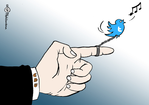 Cartoon: Parteitwitter (medium) by Pfohlmann tagged karikatur,cartoon,color,farbe,2012,deutschland,cdu,twitter,internet,nachrichten,zensur,pressefreiheit,medien,bezahlung,einfluss,kurznachrichten,tweet,vogel,zwitschern,kette,partei,parteien,parteitag,finger,karikatur,cartoon,color,farbe,2012,deutschland,cdu,twitter,internet,nachrichten,zensur,pressefreiheit,medien,bezahlung,einfluss,kurznachrichten,tweet,vogel,zwitschern,kette,partei,parteien,parteitag,finger