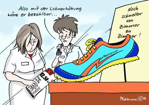 Cartoon: Pflegesprintschuh (medium) by Pfohlmann tagged karikatur,cartoon,color,farbe,2014,deutschland,verdi,gewerkschaft,pflege,lohnerhöhung,mindestlohn,sprint,schuh,sportschuh,turnschuh,hetze,zeitdruck,pflegenotstand,pflegeheim,pflegerin,altenpflege,altenpfleger,zeitnot,personal,personalknappheit,karikatur,cartoon,color,farbe,2014,deutschland,verdi,gewerkschaft,pflege,lohnerhöhung,mindestlohn,sprint,schuh,sportschuh,turnschuh,hetze,zeitdruck,pflegenotstand,pflegeheim,pflegerin,altenpflege,altenpfleger,zeitnot,personal,personalknappheit