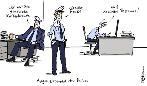 Cartoon: Polizei-Hygiene (medium) by Pfohlmann tagged 2020,deutschland,polizei,polizisten,rechtsextremismus,passwort,nrw,daten,drohungen,computer,netzwerk,hygiene,corona,hygienekonzept,pandemie,maske,gemeinschaft,solidarität,2020,deutschland,polizei,polizisten,rechtsextremismus,passwort,nrw,daten,drohungen,computer,netzwerk,hygiene,corona,hygienekonzept,pandemie,maske,gemeinschaft,solidarität