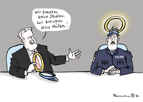 Cartoon: Polizeimütze neu (medium) by Pfohlmann tagged 2020,deutschland,seehofer,csu,innenminister,racial,profiling,rassismus,polizei,uniform,polizeimütze,studie,untersuchung,heilig,heiligenschein,2020,deutschland,seehofer,csu,innenminister,racial,profiling,rassismus,polizei,uniform,polizeimütze,studie,untersuchung,heilig,heiligenschein