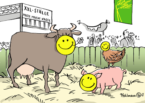 Cartoon: PR-Tiere (medium) by Pfohlmann tagged karikatur,cartoon,color,farbe,2018,deutschland,berlin,grüne,woche,landwirtschaft,tiere,tierhaltung,massentierhaltung,proteste,landwirtschaftsreform,pr,smiley,show,heile,welt,messe,agrarmesse,ernährung,agrarindustrie,fleischindustrie,xxl,kasse,profit,karikatur,cartoon,color,farbe,2018,deutschland,berlin,grüne,woche,landwirtschaft,tiere,tierhaltung,massentierhaltung,proteste,landwirtschaftsreform,pr,smiley,show,heile,welt,messe,agrarmesse,ernährung,agrarindustrie,fleischindustrie,xxl,kasse,profit