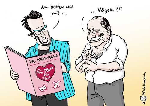 Cartoon: PR für Berlusconi (medium) by Pfohlmann tagged karikatur,cartoon,color,farbe,2014,italien,berlusconi,image,pr,kampagne,tiere,herz,tierschutz,hunde,katzen,herrenlos,ausgesetzt,berater,vögel,vögeln,karikatur,cartoon,color,farbe,2014,italien,berlusconi,image,pr,kampagne,tiere,herz,tierschutz,hunde,katzen,herrenlos,ausgesetzt,berater,vögel,vögeln