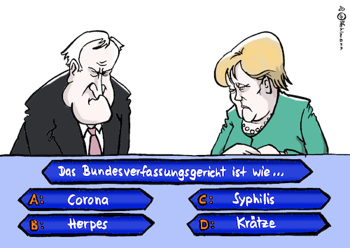 Cartoon: Quizfrage Verfassungsgericht (medium) by Pfohlmann tagged 2020,deutschland,bundesverfassungsgericht,verfassungsgericht,urteil,bestandsdaten,datenschutz,grundrechte,bundesregierung,innenminister,seehofer,csu,merkel,cdu,kanzlerin,bundeskanzlerin,quiz,millionär,tv,fernsehen,show,corona,grundgesetz,rechtsstaat,richter,überwachung,gesetze,telekommunikation,internet,telefon,handy,provider,2020,deutschland,bundesverfassungsgericht,verfassungsgericht,urteil,bestandsdaten,datenschutz,grundrechte,bundesregierung,innenminister,seehofer,csu,merkel,cdu,kanzlerin,bundeskanzlerin,quiz,millionär,tv,fernsehen,show,corona,grundgesetz,rechtsstaat,richter,überwachung,gesetze,telekommunikation,internet,telefon,handy,provider