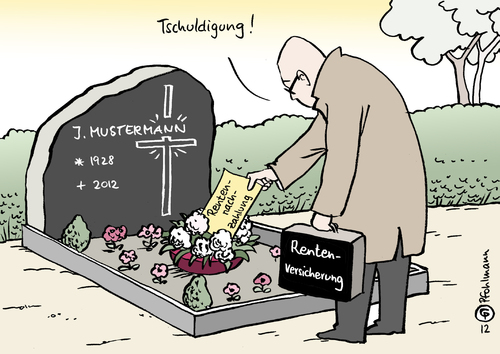 Cartoon: Rentennachzahlung (medium) by Pfohlmann tagged karikatur,color,farbe,2012,deutschland,rente,rentennachzahlung,rentenversicherung,tod,grab,witwer,witwe,überprüfung,berechnung,fehler,bundesamt,für,versicherung,rentner,friedhof,grabstein