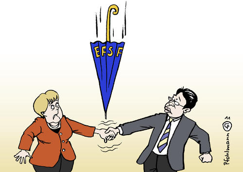 Cartoon: Rettungs?Schirm (medium) by Pfohlmann tagged karikatur,color,farbe,2011,deutschland,koalition,regierung,schwarz,gelb,merkel,rösler,cdu,union,fdp,csu,europa,euro,eu,rettungsschirm,efsf,hilfspaket,pleite,zahlungsunfähigkeit,kreditwürdigkeit,wirtschaftskrise,schuldenkrise,schulden,koalition,2011,regierung,schwarz,merkel,rösler,union,fdp,csu,europa,euro,eu,rettungsschirm