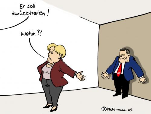 Cartoon: Rücktritt (medium) by Pfohlmann tagged db,deutsche,bahn,mehdorn,merkel,bundeskanzlerin,rücktritt,rücken,wand,db,deutsche bahn,hartmut mehdorn,angela merkel,bundeskanzler,rücktritt,rücken,wand,skandal,verkehr,deutsche,bahn,hartmut,mehdorn,angela,merkel