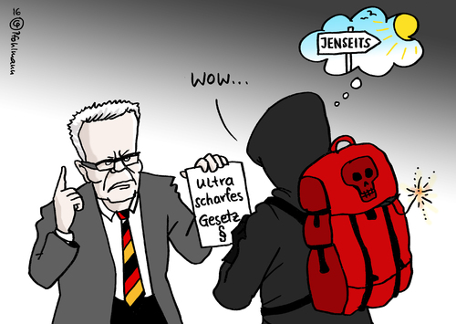 Cartoon: Scharfe Gesetze (medium) by Pfohlmann tagged karikatur,cartoon,2016,color,deutschland,terror,gesetz,gesetze,verschärfung,ultrascharf,de,maiziere,strafe,strafandrohung,innenminister,selbstmordattentäter,ansbach,täter,terrorist,rucksack,bombe,jenseits,selbstmord,anschlag,bombenanschlag,münchen,bayern,amok,amoklauf,selbstmordanschlag,islamismus,islamistisch,fanatisch,religion,belohnung,tod,karikatur,cartoon,2016,color,deutschland,terror,gesetz,gesetze,verschärfung,ultrascharf,de,maiziere,strafe,strafandrohung,innenminister,selbstmordattentäter,ansbach,täter,terrorist,rucksack,bombe,jenseits,selbstmord,anschlag,bombenanschlag,münchen,bayern,amok,amoklauf,selbstmordanschlag,islamismus,islamistisch,fanatisch,religion,belohnung,tod