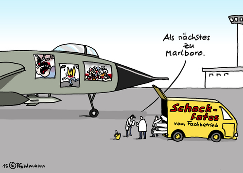 Cartoon: Schockfotos (medium) by Pfohlmann tagged karikatur,cartoon,2015,color,farbe,deutschland,syrien,schockfotos,zigaretten,abschreckung,krieg,kriegseinsatz,luftwaffe,beteiligung,is,kampfeinsatz,tod,schrecken,tote,verletzte,tornado,kampfflugzeug,bomben,bombardierung,allianz,auslandseinsatz,karikatur,cartoon,2015,color,farbe,deutschland,syrien,schockfotos,zigaretten,abschreckung,krieg,kriegseinsatz,luftwaffe,beteiligung,is,kampfeinsatz,tod,schrecken,tote,verletzte,tornado,kampfflugzeug,bomben,bombardierung,allianz,auslandseinsatz