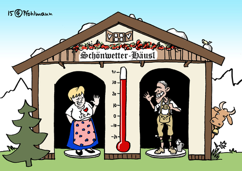 Cartoon: Schönwetterhäusl (medium) by Pfohlmann tagged karikatur,cartoon,2015,color,farbe,deutschland,global,g7,wetterhäuschen,wetterhäusl,gipfel,gipfeltreffen,schloss,elmau,bayern,merkel,bundeskanzlerin,obama,präsident,beziehung,schönwetter,sommer,sonne,blauer,himmel,brauchtum,bayerisch,usa,nsa,no,spy,abkommen,abhöraffäre,bnd,idylle,karikatur,cartoon,2015,color,farbe,deutschland,global,g7,wetterhäuschen,wetterhäusl,gipfel,gipfeltreffen,schloss,elmau,bayern,merkel,bundeskanzlerin,obama,präsident,beziehung,schönwetter,sommer,sonne,blauer,himmel,brauchtum,bayerisch,usa,nsa,no,spy,abkommen,abhöraffäre,bnd,idylle