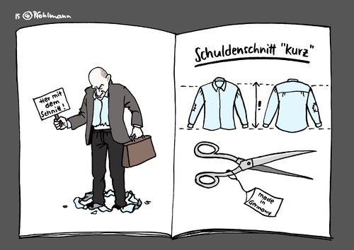 Cartoon: Schuldenschnitt KURZ (medium) by Pfohlmann tagged karikatur,cartoon,2015,color,farbe,deutschland,griechenland,hemd,schnitt,schuldenschnitt,mode,schere,eu,varoufakis,finanzminister,euro,eurogruppe,syriza,linke,kredite,schuldenkrise,antrag,finanzhilfe,europa,karikatur,cartoon,2015,color,farbe,deutschland,griechenland,hemd,schnitt,schuldenschnitt,mode,schere,eu,varoufakis,finanzminister,euro,eurogruppe,syriza,linke,kredite,schuldenkrise,antrag,finanzhilfe,europa