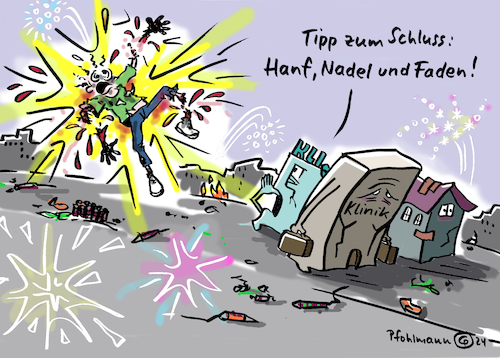 Cartoon: Silvester-Tipp (medium) by Pfohlmann tagged gesundheitssystem,krankenhaus,krankenhäuser,kliniken,insolvenz,finanzen,silvester,böller,patienten,verletzungen,krankheit,gesundheit,hanf,cannabis,nadel,faden,wunden,nähen,medizin,betäubung,narkose,gesundheitssystem,krankenhaus,krankenhäuser,kliniken,insolvenz,finanzen,silvester,böller,patienten,verletzungen,krankheit,gesundheit,hanf,cannabis,nadel,faden,wunden,nähen,medizin,betäubung,narkose