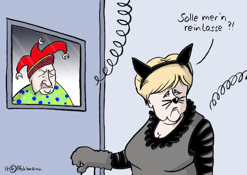 Cartoon: Solle mer ... (medium) by Pfohlmann tagged karikatur,cartoon,2017,color,farbe,deutschland,erdogan,türkei,merkel,fasching,karneval,verkleidung,narr,narrenkappe,wahlkampf,abstimmung,referendum,präsidialsystem,demokratie,einladung,katze,bundeskanzlerin,solle,mern,reinlasse,fastnacht,karikatur,cartoon,2017,color,farbe,deutschland,erdogan,türkei,merkel,fasching,karneval,verkleidung,narr,narrenkappe,wahlkampf,abstimmung,referendum,präsidialsystem,demokratie,einladung,katze,bundeskanzlerin,solle,mern,reinlasse,fastnacht