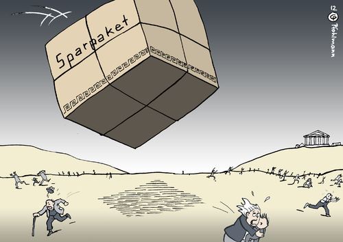 Cartoon: Sparpaket (medium) by Pfohlmann tagged karikatur,color,farbe,2012,griechenland,sparpaket,hilfe,hilfsprogramm,eu,europa,sparen,sparprogramm,reformen,maßnahmen,kredite,schulden,schuldenkrise,insolvenz,pleite,zahlungsunfähigkeit,proteste,krawalle,demonstrationen,demo,streik,griechenland,2012,hilfe,hilfsprogramm,eu,europa,sparen,kredite,maßnahmen,reformen