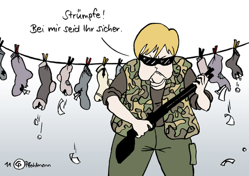 Cartoon: Sparstrümpfe (medium) by Pfohlmann tagged karikatur,color,farbe,2011,deutschland,merkel,bundeskanzlerin,sparguthaben,sparbücher,sparbuch,sparstrumpf,strümpfe,einlagen,spareinlagen,sicher,sicherheit,wache,bewachen,gewehr,schrotflinte,wäscheleine,socke,socken,strumpf,finanzkrise,euro,eurokrise,geld,finanzen,eu,europa,geldschein,münze,deutschland,merkel,bundeskanzlerin,sparbücher,sparbuch,sparstrumpf