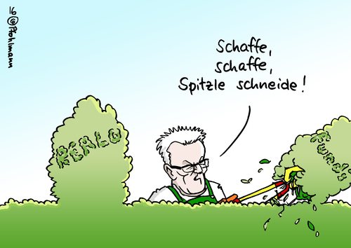 Cartoon: Spitzle schneide (medium) by Pfohlmann tagged karikatur,cartoon,2016,color,deutschland,grüne,doppelspitze,abschaffung,vorstand,partei,kretschmann,ministerpräsident,wahlsieger,erfolg,erfolgsrezept,schaffe,spitzle,spitze,parteispitze,vorsitz,quote,hecke,baden,württemberg,karikatur,cartoon,2016,color,deutschland,grüne,doppelspitze,abschaffung,vorstand,partei,kretschmann,ministerpräsident,wahlsieger,erfolg,erfolgsrezept,schaffe,spitzle,spitze,parteispitze,vorsitz,quote,hecke,baden,württemberg