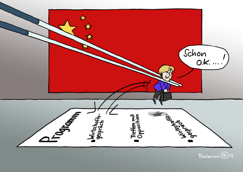 Cartoon: Stäbchen (medium) by Pfohlmann tagged karikatur,color,farbe,2012,deutschland,china,merkel,bundeskanzlerin,stäbchen,essstäbchen,wirtschaft,opposition,staatsbesuch,besuch,oppositionelle,anwalt,treffen,menschenrechte,botschaft,menschenrechtler,gespräche,euro,eurokrise,eu,china,menschenrechte,missachtung,brüskierung,besuch,bundeskanzlerin,angelamerkel,rettung,euro,staatsbesuch,opposition