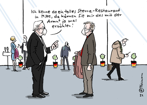 Cartoon: Steinmeier Trabert (medium) by Pfohlmann tagged bundespräsident,armut,trabert,kandidat,bundesversammlung,wahl,steinmeier,wiederwahl,restaurant,reichtum,reich,blase,berlin,mitte,linke,spd,bundespräsident,armut,trabert,kandidat,bundesversammlung,wahl,steinmeier,wiederwahl,restaurant,reichtum,reich,blase,berlin,mitte,linke,spd