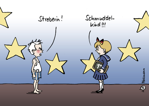 Cartoon: Streberin (medium) by Pfohlmann tagged farbe,color,karikatur,merkel,bundeskanzlerin,premierminister,papadimos,griechenland,deutschland,2012,schmuddelkind,schulden,kriterien,streber,schuldenkrise,eurokrise,euro,bip,bruttoinlandsprodukt,haushaltsdefizit,maastrichtkriterien,rettungsschirm,2012,deutschland,griechenland,papadimos,premierminister,bundeskanzlerin,merkel,schulden,schmuddelkind,schuldenkrise