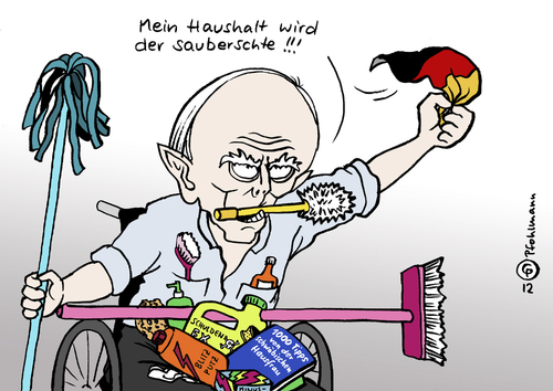 Cartoon: Superhaushalt (medium) by Pfohlmann tagged karikatur,color,farbe,2012,deutschland,schäuble,finanzminister,haushalt,schuden,schuldenbremse,staatsschulden,putzen,putzmittel,besen,schrubber,sauber,schwäbische,hausfrau,reinigung,reinigungsmittel,neuverschuldung,konsolidierung,2012,deutschland,schäuble,finanzminister,haushalt,schulden,schuldenbremse,staatsschulden