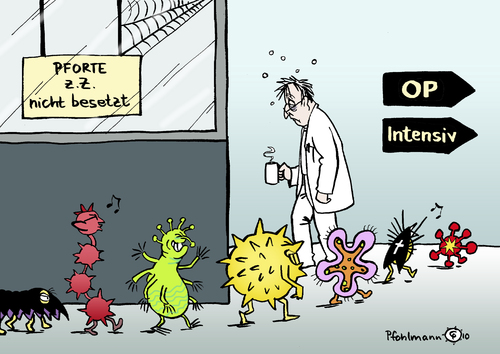 Cartoon: Tage der Offenen Tür (medium) by Pfohlmann tagged klinik,krankenhaus,hygiene,keime,bakterien,virus,viren,personalmangel,gesundheitspolitik,klinik,krankenhaus,hygiene,keime,bakterien,virus,personalmangel,gesundheitspolitik